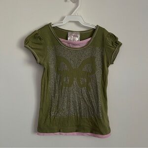 Knit Works Y2K Sparkly Butterfly Green and Pink T Shirt-Girls Size 6